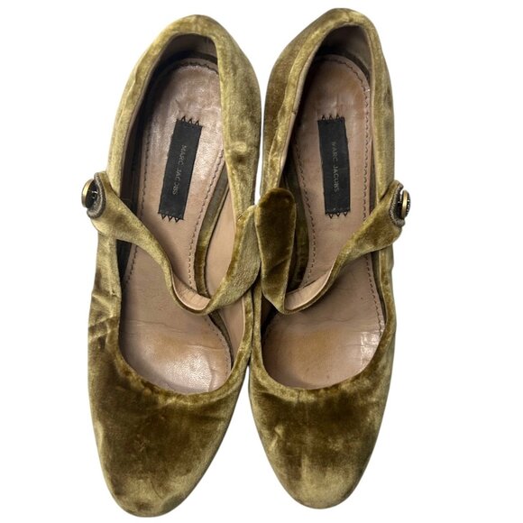 MARC JACOBS Velvet Mary Jane Pumps 35 Crystal Embellished Almond Toe Block Heel - Picture 5 of 9